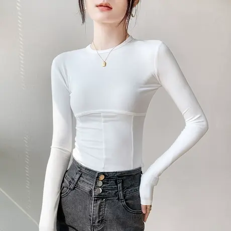 圆领打底衫长袖女2023春季新款纯色修身显瘦西装内搭T恤洋气上衣图片