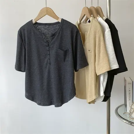 坑条棉质半门襟短袖T恤女2023夏季宽松休闲气质上衣练功服舞蹈服图片