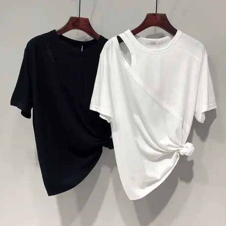 镂空设计感小众半袖T恤女夏天百搭宽松显瘦露肩短袖上衣纯棉潮ins图片