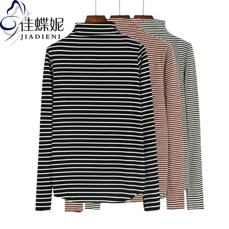 秋冬季韩版半高领修身长袖黑白条纹纯棉简约体恤打底衫女内搭上衣商品大图