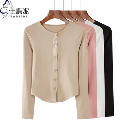 秋冬新款韩版燕尾摆圆领开衫短款双面德绒加绒修身长袖体恤上衣女商品大图