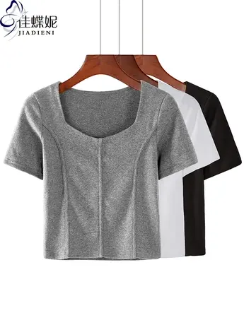 夏季方领修身纯棉纯色短款高腰短袖体恤上衣内搭女装立体拼接线T图片