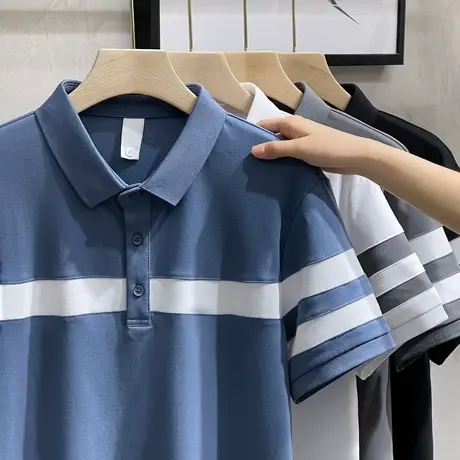 2023夏季新款男士时尚条纹撞色POLO衫短袖修身简约帅气有领T恤潮商品大图