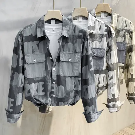 复古花衬衣外套男士休闲春秋男装上衣薄款宽松口袋工装衬衫男长袖商品大图