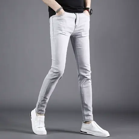 香港牛仔裤男款夏季薄款修身小脚浅灰色冰丝休闲潮牌男士裤子弹力商品大图