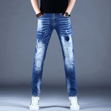 男士破洞牛仔裤男新款2023秋款休闲裤子印花休闲裤子修身小脚潮牌商品大图