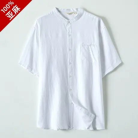 断码99亚麻衬衫男短袖夏季薄款立领纯色宽松棉麻衬衣麻布上衣白色商品大图