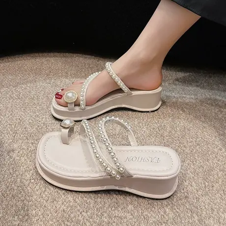 高级感套趾外穿凉拖鞋女夏2023年新款网红ins厚底珍珠水钻人字拖图片