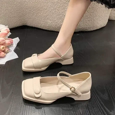 气质一字扣带单鞋女2023秋季新款方头浅口包跟凉鞋舒适韩版配裙鞋商品大图