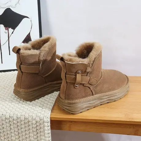 东北防水厚底雪地靴女皮毛一体冬2024新款短筒靴加绒加厚保暖棉鞋商品大图