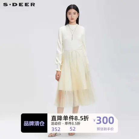 sdeer圣迪奥女装圆领收腰网纱泡泡袖连衣裙S231Z1208图片