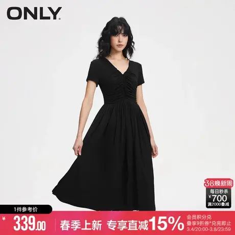 ONLY2024春季新款时尚简约抽褶设计V领中长款连衣裙女|124161031图片