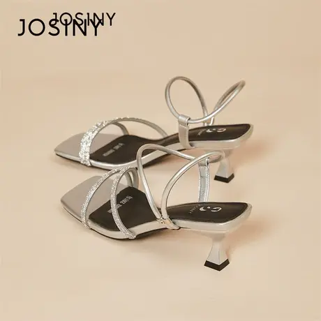 Josiny/卓诗尼水钻带凉拖鞋女外穿2024春季新款方头高跟时尚凉鞋商品大图