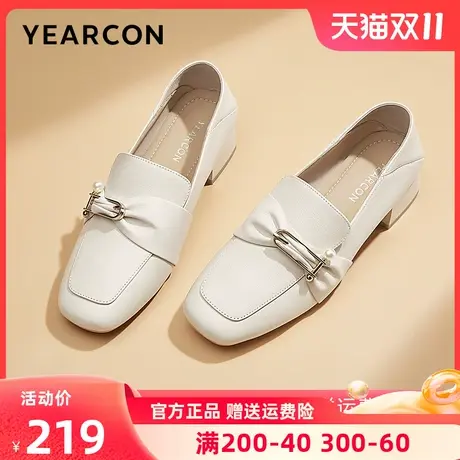 意尔康女鞋2023秋季新款真皮乐福鞋女粗跟单鞋中跟时装小皮鞋女士商品大图
