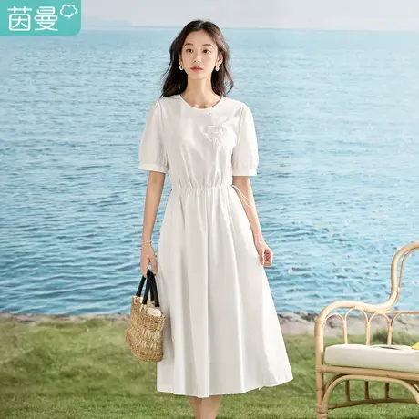 【商场同款】茵曼设计感拼接连衣裙2023夏季女装新款短袖高腰长裙商品大图