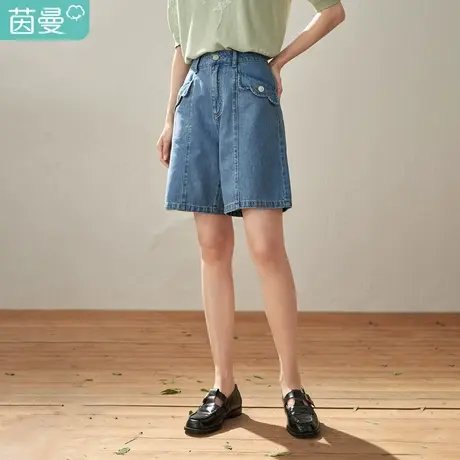 【商场同款】茵曼2023春女装新款田园阔腿显瘦高腰五分牛仔短裤图片
