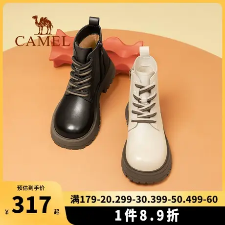 骆驼女鞋2023春季新款真皮靴子女款中跟短靴粗跟厚底英伦马丁靴女图片