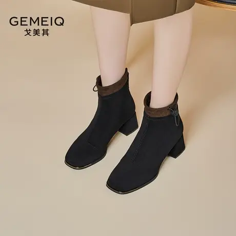 戈美其绒面马丁靴女2023冬季新款黑色加绒高跟粗跟方头靴瘦瘦靴女商品大图