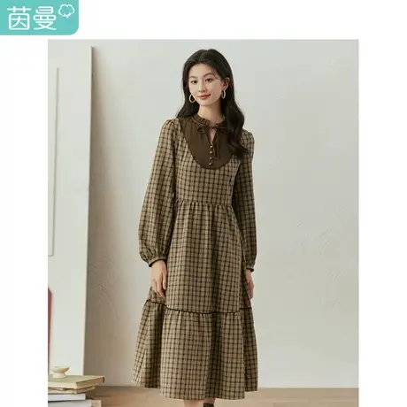 茵曼气质格纹连衣裙女2023年冬季新款文艺拼接收腰显瘦长袖中长裙图片