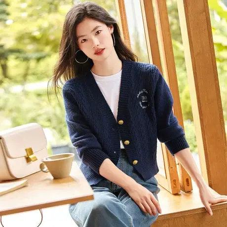 时尚气质毛衣开衫2023年秋季新款女装学院风百搭修身长袖V领上衣图片
