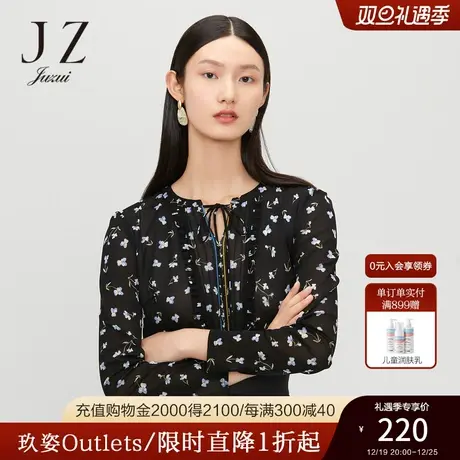 JUZUI/玖姿官方奥莱店春秋季新款黑色小碎花优雅系带温柔女上衣商品大图