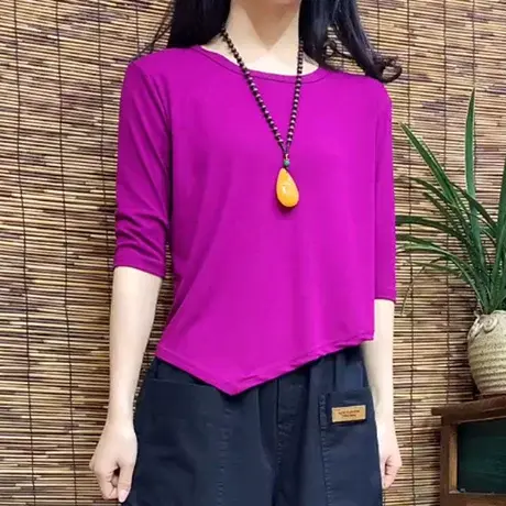 2023年夏季薄款不规则超大弹力圆领t恤女宽松百搭气质五分袖上衣商品大图