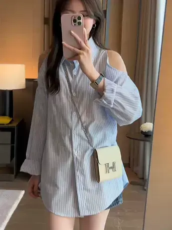 夏季露肩防晒衬衫设计感小众别致法式上衣女装港风长袖薄款衬衣秋图片