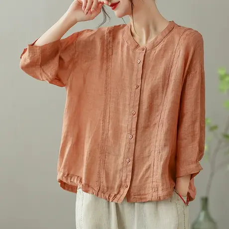 dza 纯色苎麻长袖衬衫女2023夏薄款立领衬衣宽松休闲棉麻开衫上衣商品大图