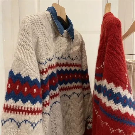 日系杂志款～复古撞色提花毛衣女2022冬软糯厚实羊毛圆领套头针织商品大图