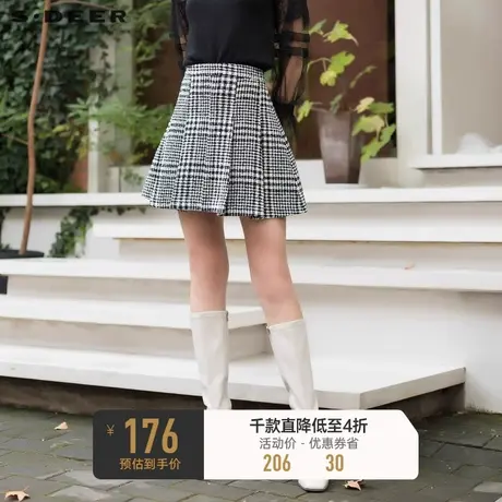 sdeer圣迪奥冬装通勤撞色格纹百褶毛呢A字短裙S21461309🖇图片