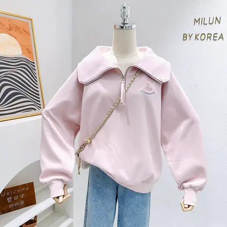 ins日系奶甜温柔上衣~2023秋季韩国东大门翻领长袖卫衣学院风外套图片