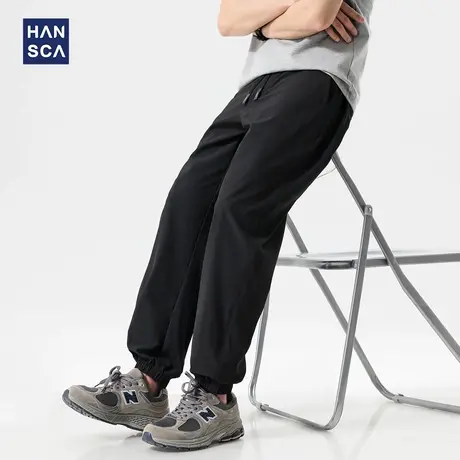 hansca冰丝镂空束脚休闲裤男2025夏季凉感宽松透气黑色运动长裤子商品大图