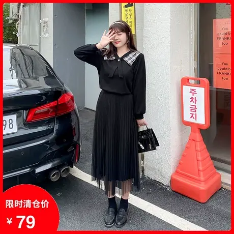 2023秋新款拼接格子减龄海军领显瘦套头针织胖MM气质大码上衣女图片