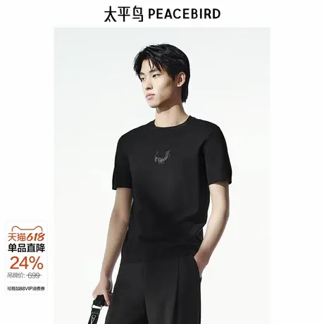 【商场同款】太平鸟男装T恤秋季新款修身刺绣短袖潮牌 B1EEE3212图片