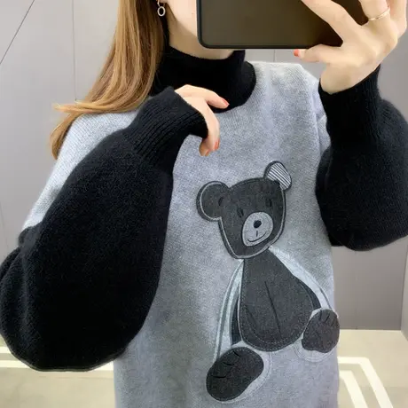 高领毛衣女卡通小熊宽松慵懒风针织打底衫超火网红长袖冬季外套厚商品大图