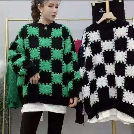 欧洲站假两件毛衣女厚秋冬新款2023宽松百搭撞色套头中长款针织衫图片