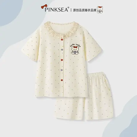 Pinksea纯棉睡衣女款夏短袖短裤波点套装新款可爱猫咪女士家居服商品大图
