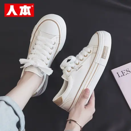 人本帆布鞋女2025春季新款圆头小众麦穗鞋带小白鞋女运动休闲板鞋图片