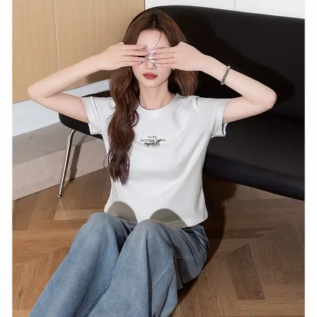 唐狮夏季女新款短袖T恤白色休闲运动收腰显瘦上衣短款百搭图片