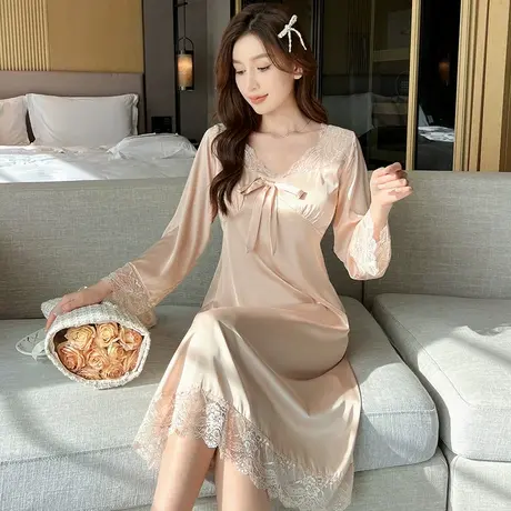 浪莎性感睡裙女春秋长袖甜美少女蕾丝镂空冰丝长裙可外穿家居服秋商品大图