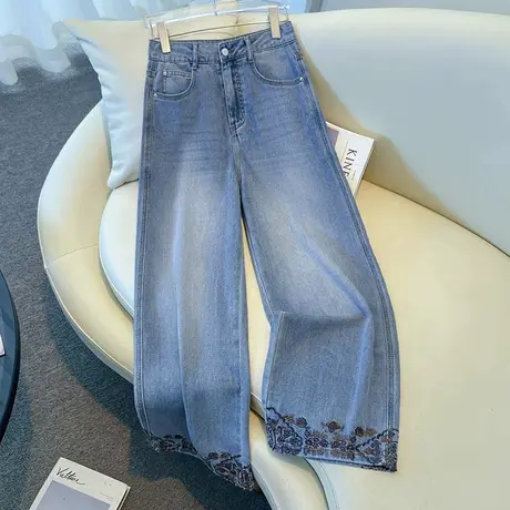 拉夏贝尔刺绣阔腿牛仔裤女夏薄款2025新款流行爆款复古九分直筒裤商品大图