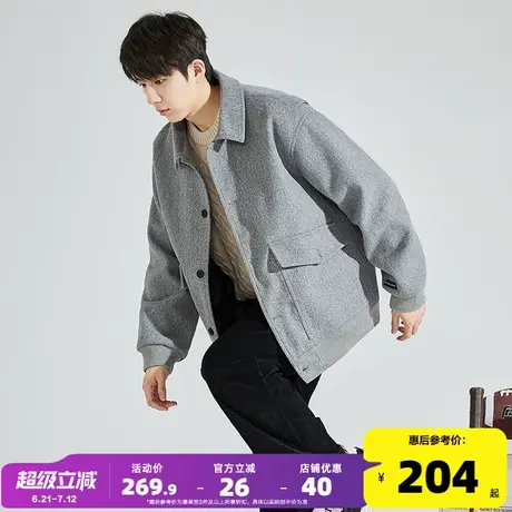 唐狮秋冬季新款男毛呢外套翻领工装贴袋短款加厚保暖夹克外套商品大图