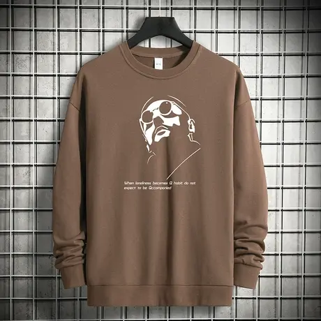 380g重磅纯棉卫衣男潮牌印花圆领无帽上衣摇粒绒加绒加厚长袖t恤商品大图