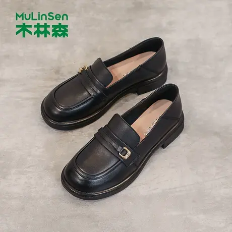 木林森乐福鞋女2025夏季新款软底黑色小皮鞋粗跟不累脚浅口单鞋女图片