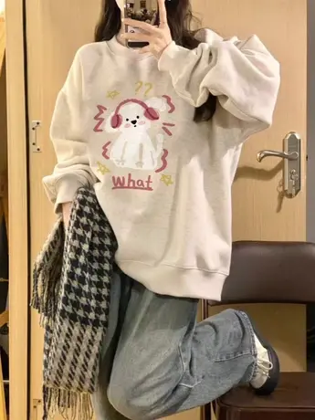 灰色圆领卫衣女秋冬加绒加厚小个子宽松慵懒风设计感小众无帽上衣商品大图