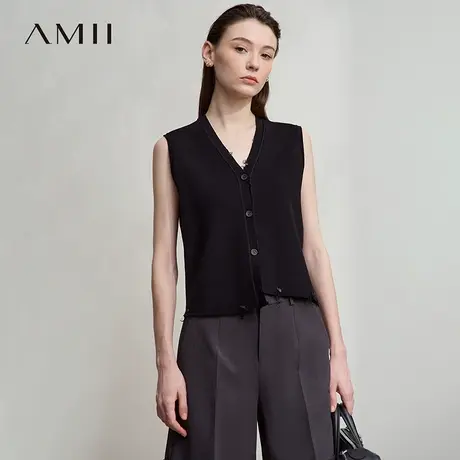 Amii2025秋新款极简通勤风V领开襟短款不对称莱赛尔毛织马夹女商品大图