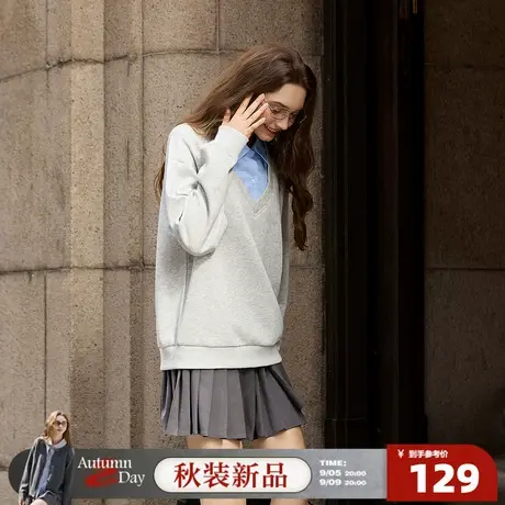 唐狮2025春秋季假两件卫衣女款V领宽松休闲风韩版潮流百搭上衣图片