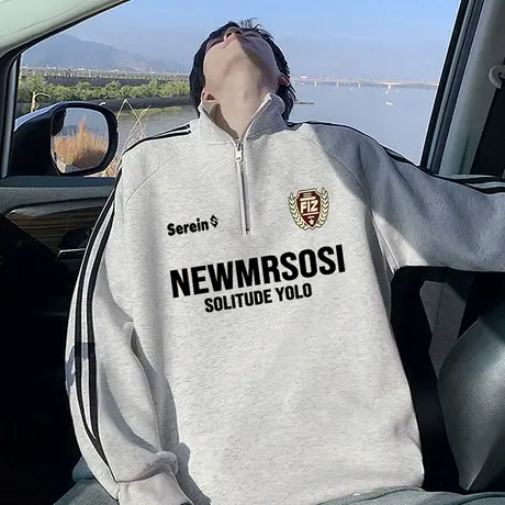 美式潮牌半拉链卫衣男春秋季2025新款高街百搭印花情侣立领上衣服图片