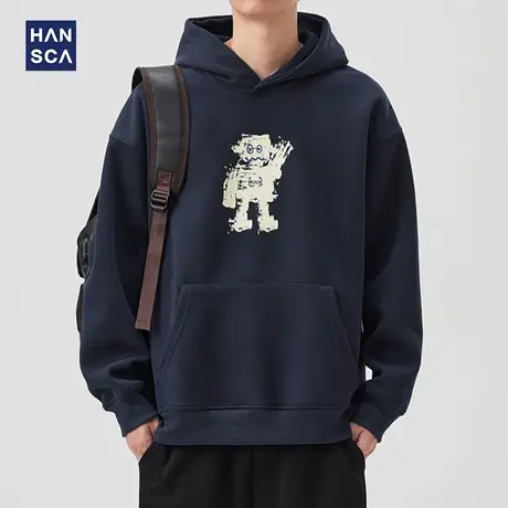 hansca420g重磅潮流撞色趣味印花套头卫衣男2025秋季保暖连帽上衣图片