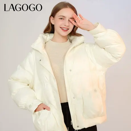 LAGOGO连帽加厚米白色羽绒服女拉谷谷冬新款短款小个子简约面包服商品大图